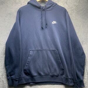 Nike Hoodie Sweatshirt Mens Medium Navy Blue Pullover Fleece Swoosh Logo